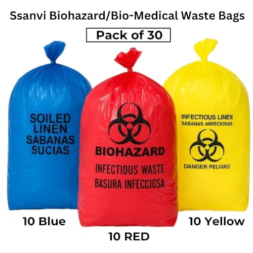 Ssanvi Biohazard/Bio-Medical Waste Bags | 21x24 Inch | Pack of 30 (10 Red, 10 Blue, 10 Yellow) | Hospital Grade | Leak-Proof, Odor-Resistant, Tear-Resistant | Waste Disposal Bags - Image 4