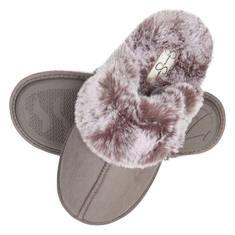 Jessica Simpson Women's Comfy Faux Fur House Slipper Scuff Memory Foam Slip on Anti-Skid Sole, Grey, 2X-Large - Image 1