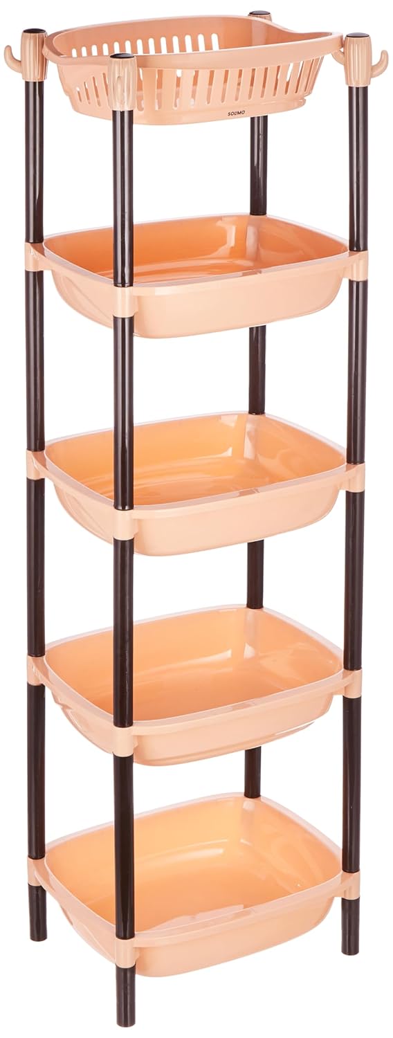 Brand - Solimo Solimo FiveTier Multipurpose Plastic Rack for Kitchen Living Room Bathroom XL Beige and Brown - Image 1