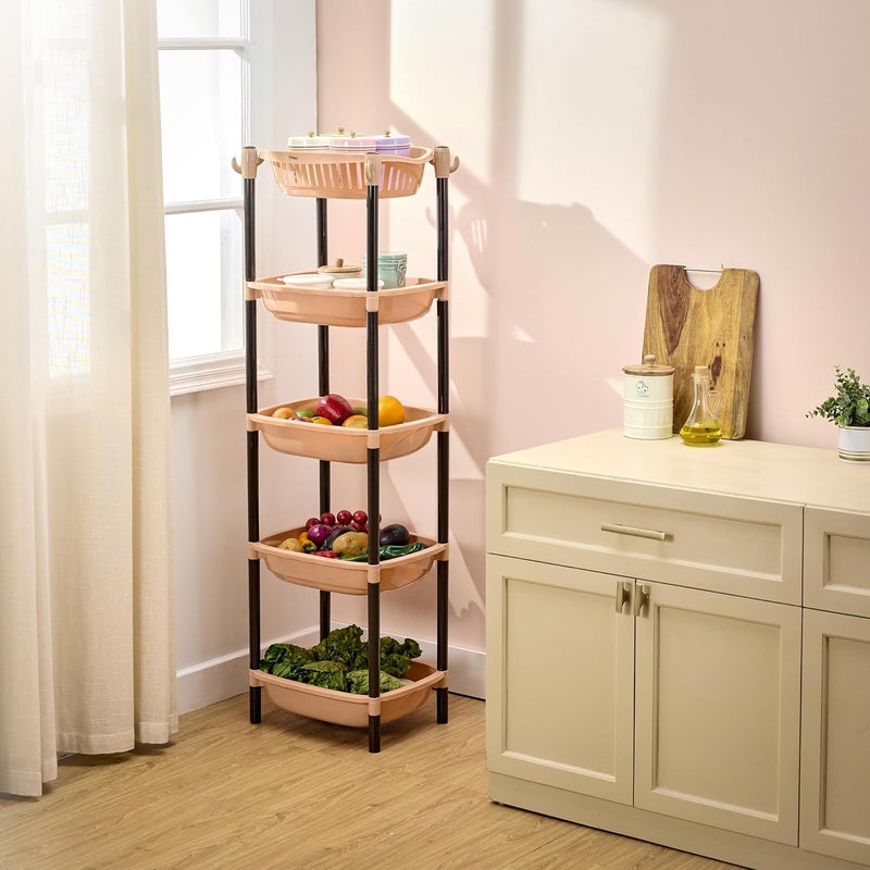 Brand - Solimo Solimo FiveTier Multipurpose Plastic Rack for Kitchen Living Room Bathroom XL Beige and Brown - Image 4