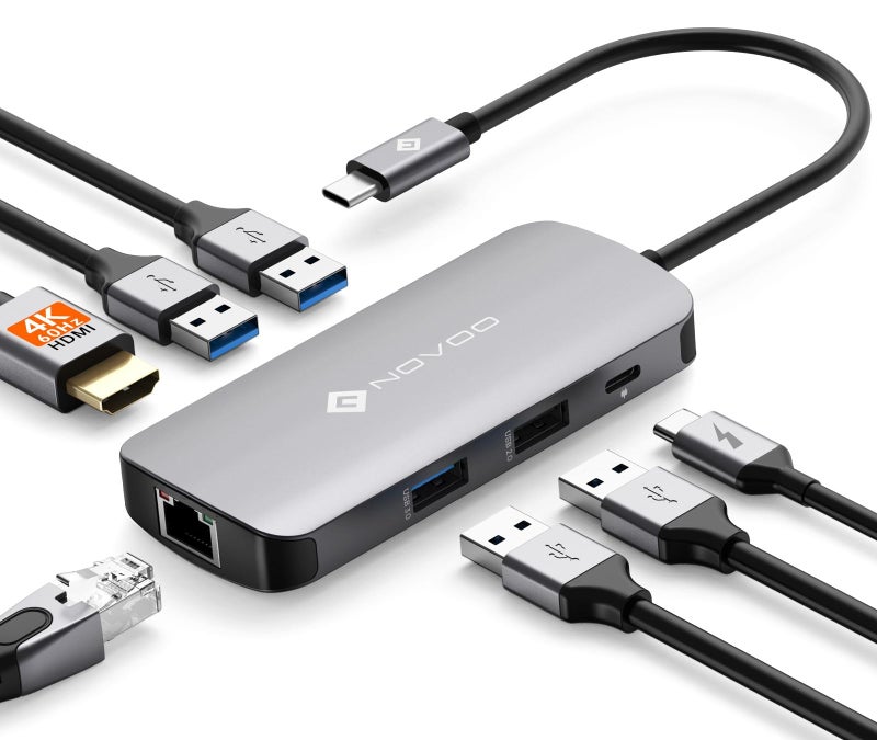 NOVOO USB C Hub Ethernet 4K@60 USB C HDMI Adapter Multiport Type C Adapter 4 USB 3.0 & USB2.0 Dongle 100W PD Dock Docking Station for MacBook Pro Air Apple iPad Pro Steam Deck Dell HP Lenovo 7-in-1 - Image 1