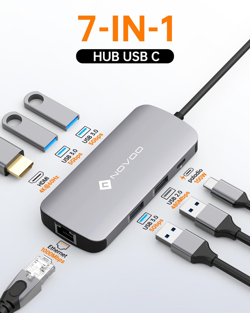 NOVOO USB C Hub Ethernet 4K@60 USB C HDMI Adapter Multiport Type C Adapter 4 USB 3.0 & USB2.0 Dongle 100W PD Dock Docking Station for MacBook Pro Air Apple iPad Pro Steam Deck Dell HP Lenovo 7-in-1 - Image 2