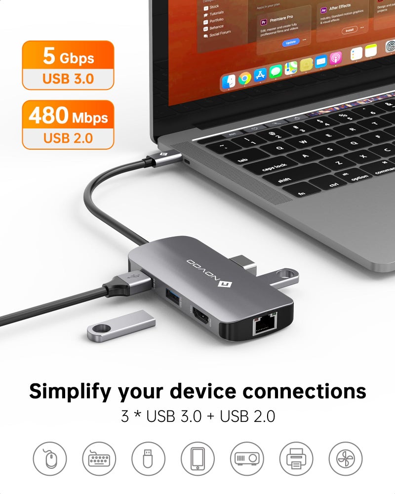 NOVOO USB C Hub Ethernet 4K@60 USB C HDMI Adapter Multiport Type C Adapter 4 USB 3.0 & USB2.0 Dongle 100W PD Dock Docking Station for MacBook Pro Air Apple iPad Pro Steam Deck Dell HP Lenovo 7-in-1 - Image 5