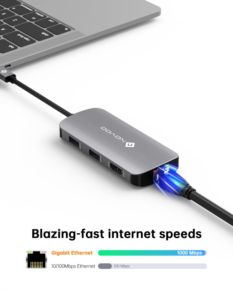 NOVOO USB C Hub Ethernet 4K@60 USB C HDMI Adapter Multiport Type C Adapter 4 USB 3.0 & USB2.0 Dongle 100W PD Dock Docking Station for MacBook Pro Air Apple iPad Pro Steam Deck Dell HP Lenovo 7-in-1 - Image 4