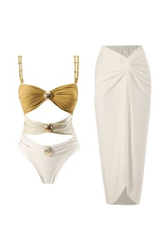 Generic 2Pcs The latest trend splicing one-piece swimsuit set retro metal buckle summer travel beach swimsuit  - Image 1