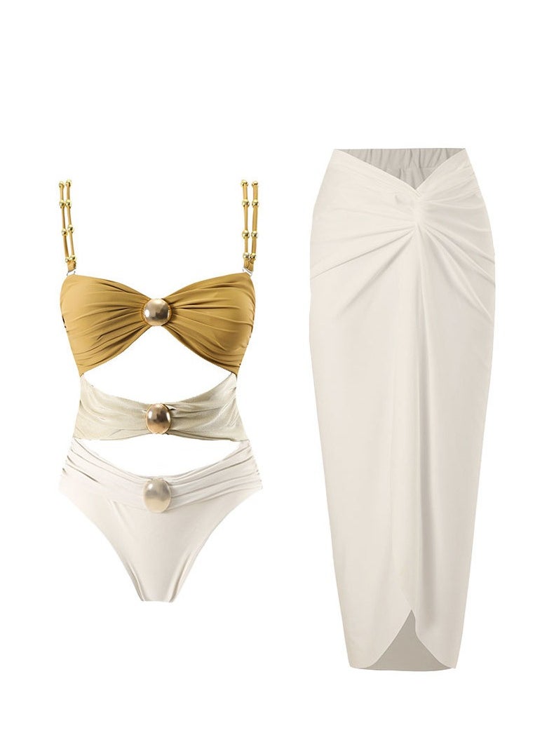 Generic 2Pcs The latest trend splicing one-piece swimsuit set retro metal buckle summer travel beach swimsuit  - Image 1