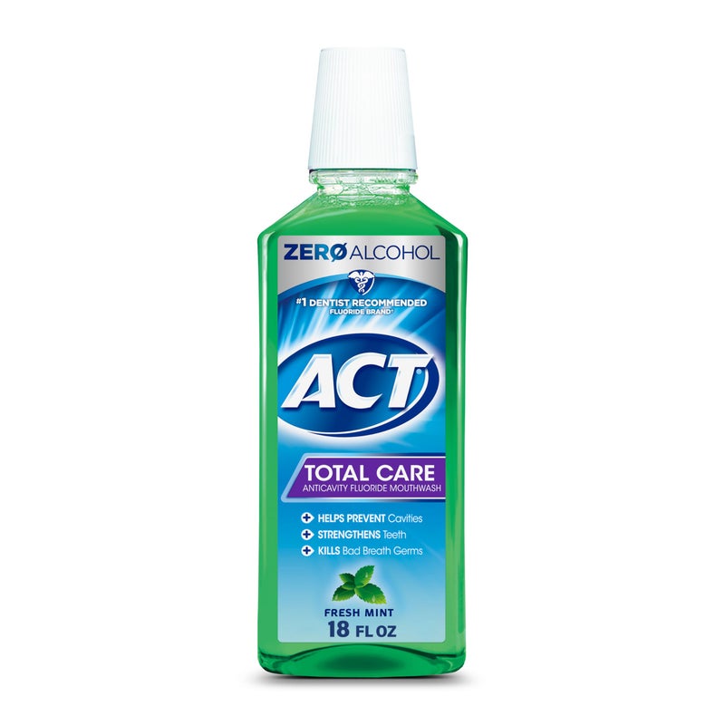 ACT Total Care Zero Alcohol Anticavity Fluoride Mouthwash 18 fl. oz. Kills Bad Breath Germs, Fresh Mint - Image 1