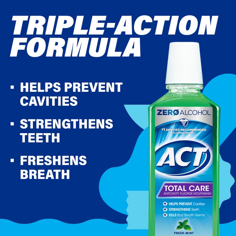 ACT Total Care Zero Alcohol Anticavity Fluoride Mouthwash 18 fl. oz. Kills Bad Breath Germs, Fresh Mint - Image 4