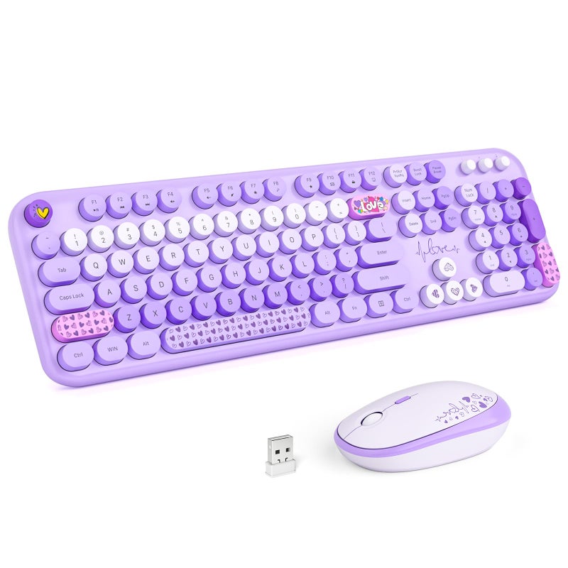 MOWUX Wireless Keyboard and Mouse Combo, MOWUX Full Size Typewriter Retro Round Computer Keyboard, Cute Optical Mouse Wireless, Plug and Play, for Laptop, PC, Computer- Purple Heart - Image 1