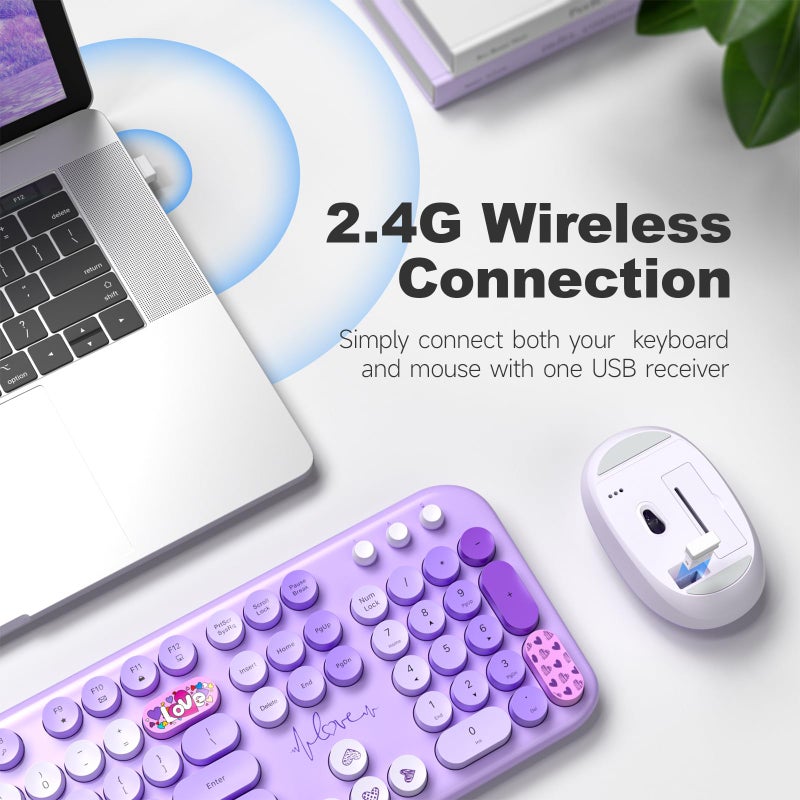 MOWUX Wireless Keyboard and Mouse Combo, MOWUX Full Size Typewriter Retro Round Computer Keyboard, Cute Optical Mouse Wireless, Plug and Play, for Laptop, PC, Computer- Purple Heart - Image 2