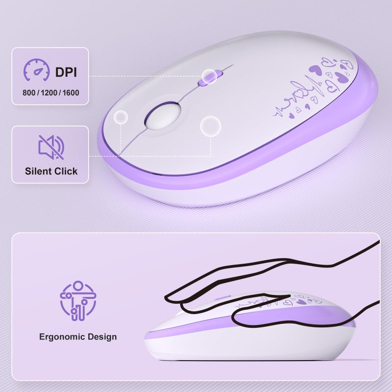 MOWUX Wireless Keyboard and Mouse Combo, MOWUX Full Size Typewriter Retro Round Computer Keyboard, Cute Optical Mouse Wireless, Plug and Play, for Laptop, PC, Computer- Purple Heart - Image 5