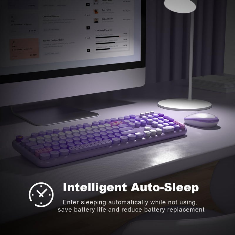 MOWUX Wireless Keyboard and Mouse Combo, MOWUX Full Size Typewriter Retro Round Computer Keyboard, Cute Optical Mouse Wireless, Plug and Play, for Laptop, PC, Computer- Purple Heart - Image 4