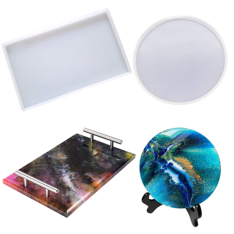 F FYJS 2Pack Large Resin MoldOversized Silicone Tray Molds for Epoxy ResinInclude RoundRectangle Shaped Plate Molds for Resin CastingHome Decorations Crafts