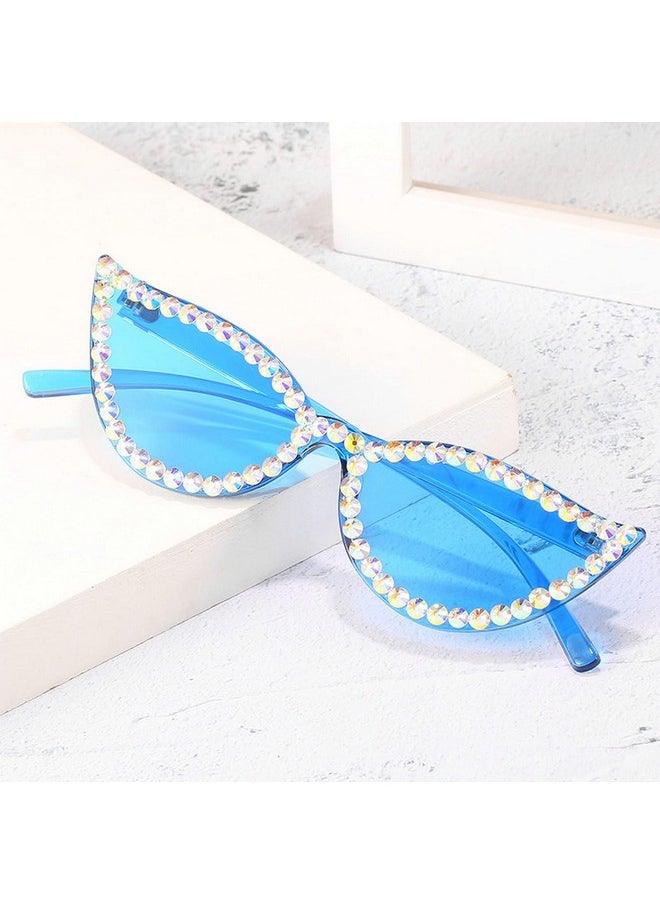 COTIA Diamond Cat Eye Sunglasses Fashion Crystal Rhinestone Vintage Frame Brand Design Sun Glasses Retro For Female Uv400 (Blue)  - Image 2