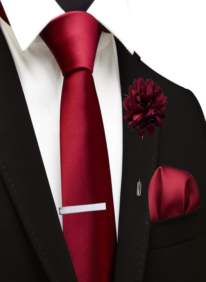 Branduce Wine Burgundy Tie for Men Wedding Solid Satin Silk Blend Necktie Pocket Square Tie Clip and Lapel Pin Brooch Set (TA14-33) - Image 2