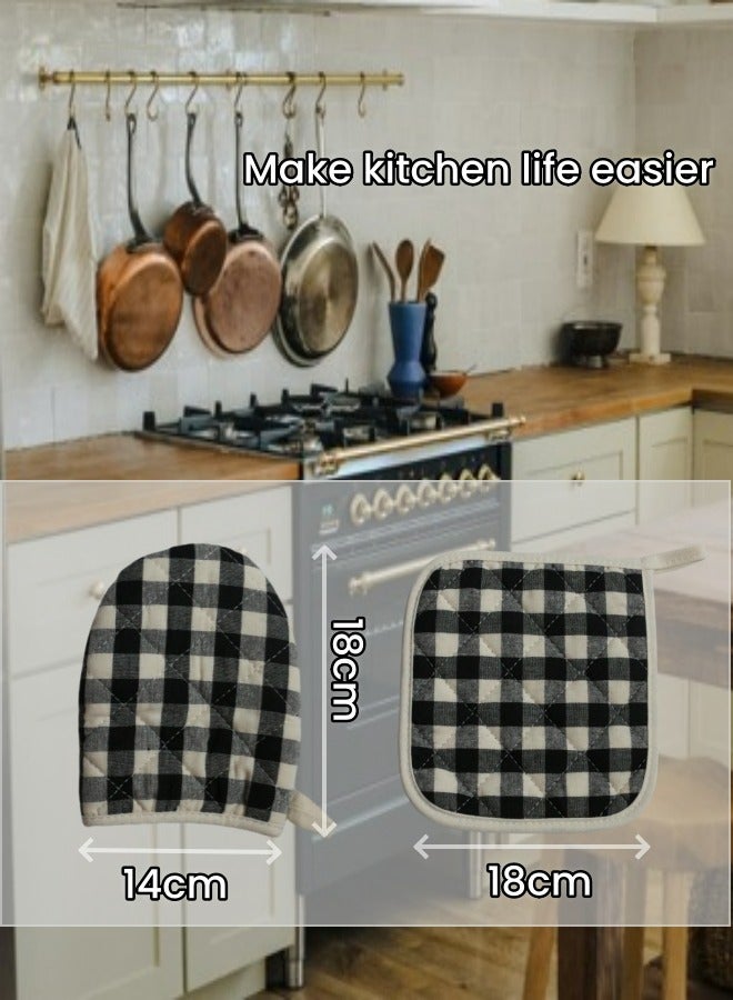 Cotton Black White Plaid Set of 3,2-Pieces Gloves/Oven Mitt,1-Pieces Pot Holder,Thick and Durable,Heat Resistant, Anti-scalding,Washable,for Microwave Ovens, Duck Bill, Lanyard  saves space, Kitchen Mitt, Daily Baking and Cooking - Image 2