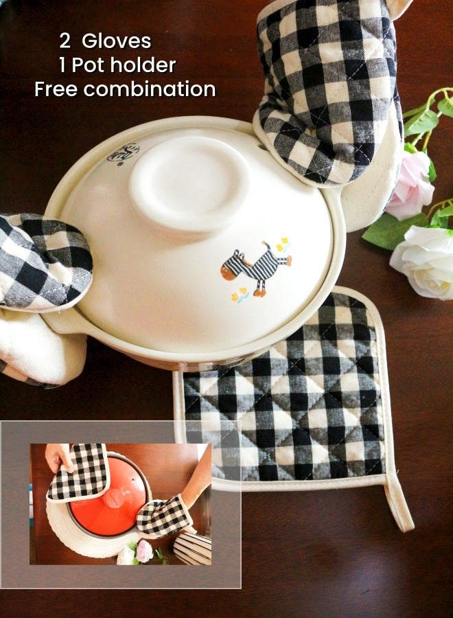 Cotton Black White Plaid Set of 3,2-Pieces Gloves/Oven Mitt,1-Pieces Pot Holder,Thick and Durable,Heat Resistant, Anti-scalding,Washable,for Microwave Ovens, Duck Bill, Lanyard  saves space, Kitchen Mitt, Daily Baking and Cooking - Image 3