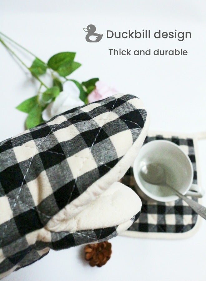 Cotton Black White Plaid Set of 3,2-Pieces Gloves/Oven Mitt,1-Pieces Pot Holder,Thick and Durable,Heat Resistant, Anti-scalding,Washable,for Microwave Ovens, Duck Bill, Lanyard  saves space, Kitchen Mitt, Daily Baking and Cooking - Image 5