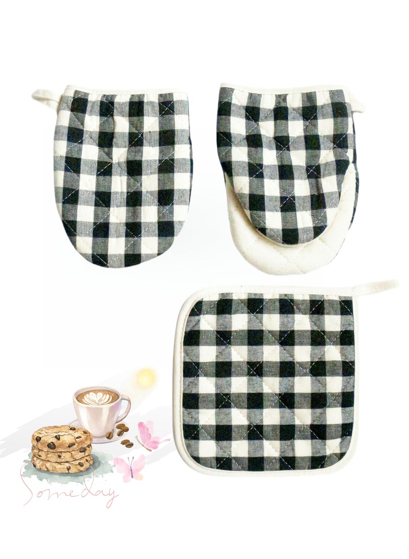 Cotton Black White Plaid Set of 3,2-Pieces Gloves/Oven Mitt,1-Pieces Pot Holder,Thick and Durable,Heat Resistant, Anti-scalding,Washable,for Microwave Ovens, Duck Bill, Lanyard  saves space, Kitchen Mitt, Daily Baking and Cooking - Image 1