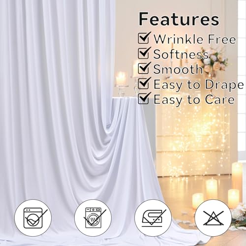 NSSONBEN 10ft×12ft Wrinkle Free White Backdrop Curtain for Wedding Parties, 2 Panels 5×12ft Long Silky Polyester Fabric Backdrop Drapes White Photo Back Drop Curtains for Party Photography Background Cloth - Image 4