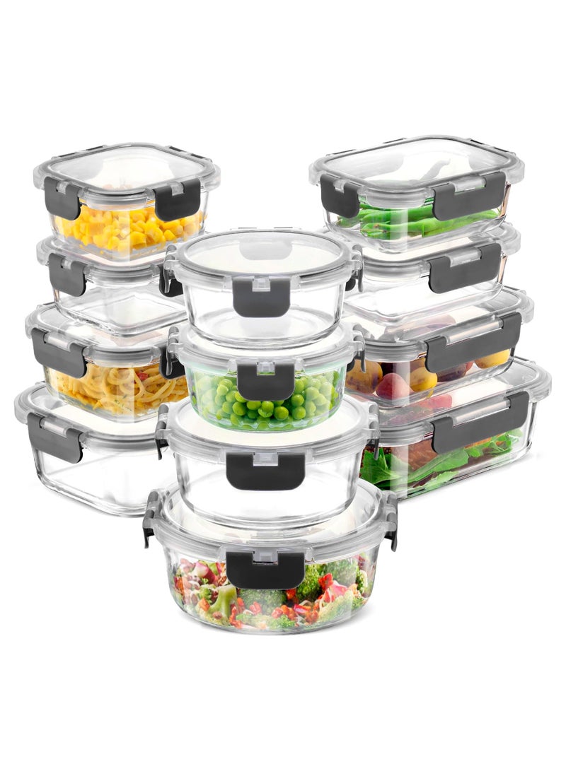 كيلا 24 قطعة من حاويات تخزين زجاجية مع أغطية - حاويات زجاجية مقاومة للتسرب وآمنة للاستخدام في غسالة الأطباق لتخزين الطعام لإعداد الوجبات أو بقايا الطعام، باللون الرمادي - Image 1