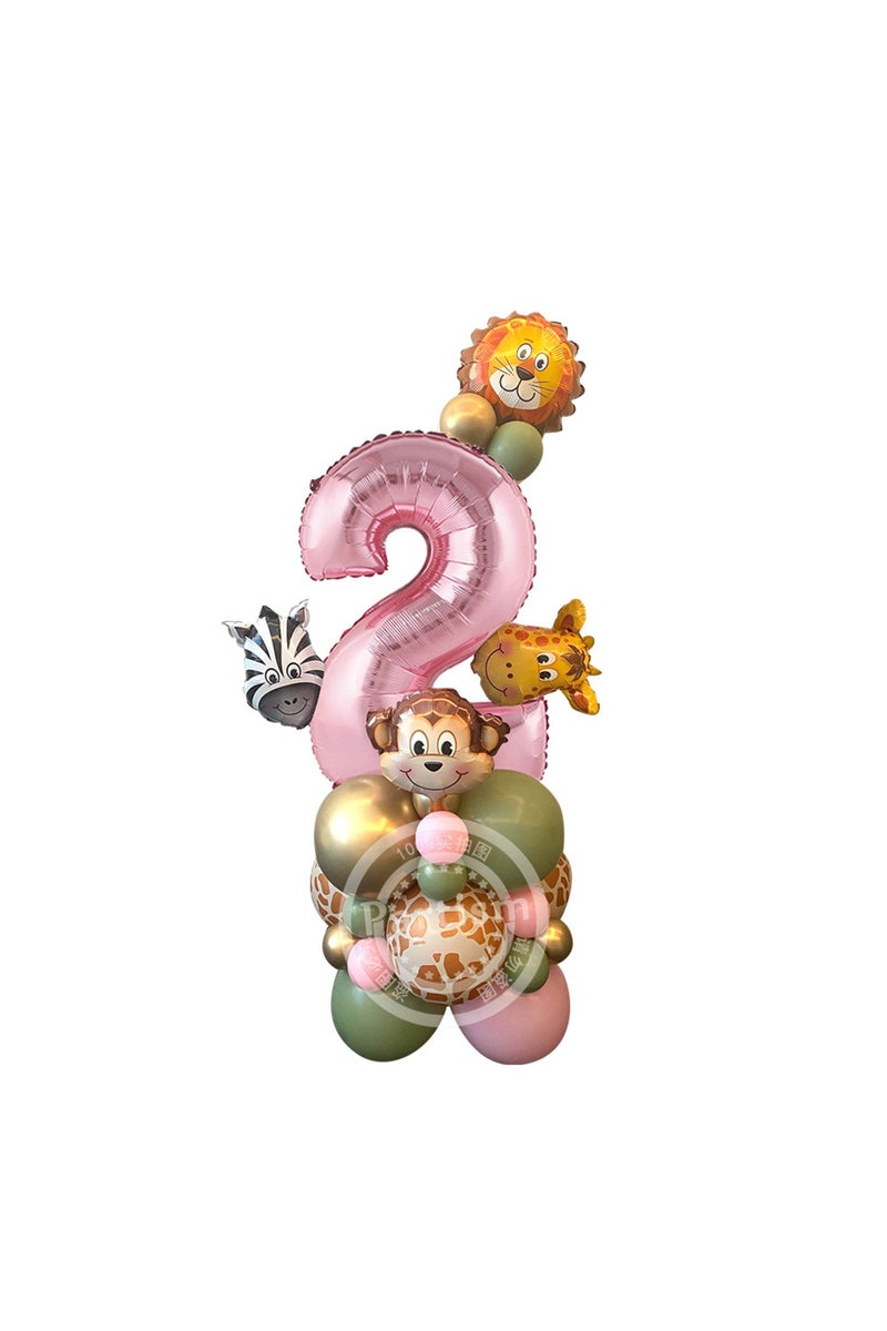 31PCS number 2 set 31pcs Wild Animal Pink Balloon Tower with 1-9 Number Balloon for Girl's Wild One