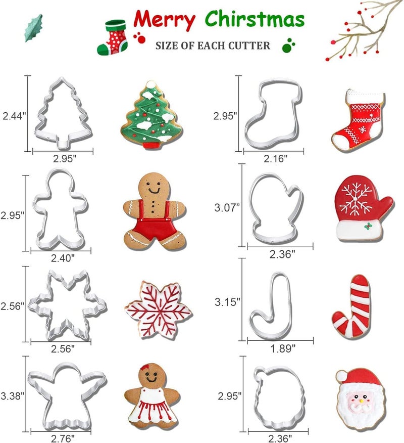 Q-BAKER Christmas Cookie Cutters, 8Pcs Winter Holiday Cookie Cutter Set, Stainless Steel Metal Cutter with Gingerbread Men,Christmas Tree,Snowflake, Candy Cane, Angel, Santa Face,Stocking,Mitten - Image 3