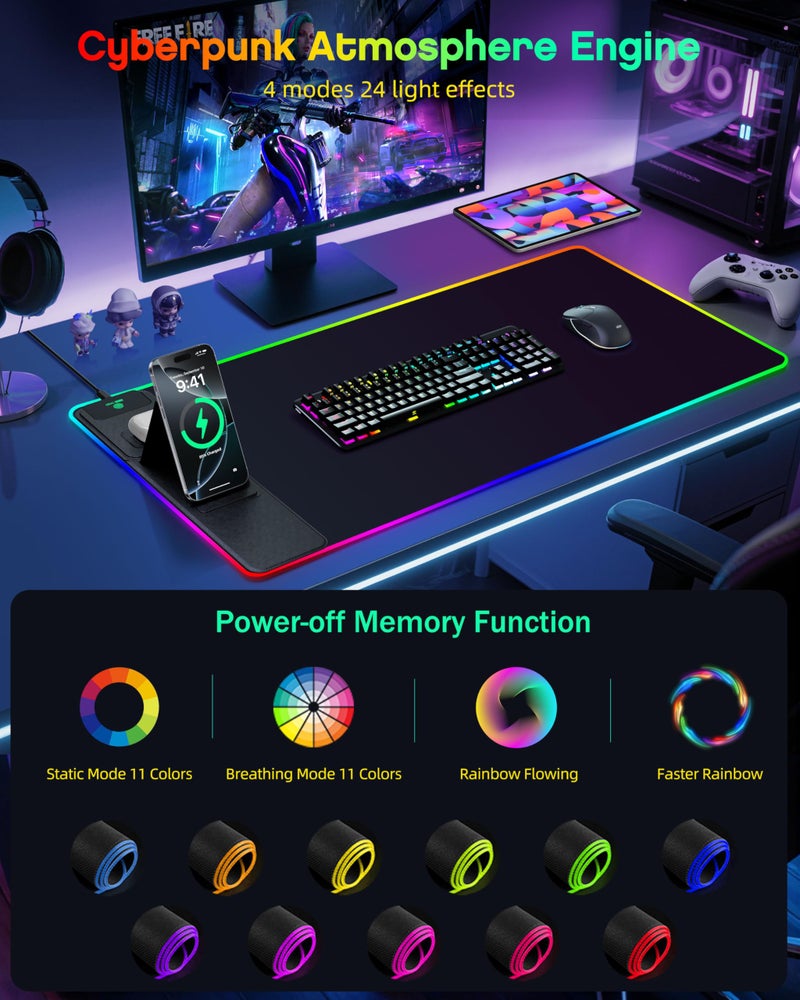 abc.mat 4-in-1 RGB Gaming Mouse Pad with Wireless Charging & Phone Stand, 31.5"x15.8" Large, 24 Light Effects, Non-Slip Base, Waterproof Ultra-Smooth Surface, with Adatper - Image 3