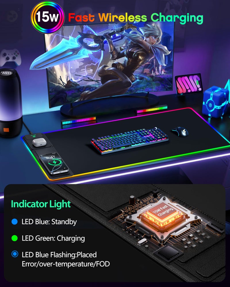 abc.mat 4-in-1 RGB Gaming Mouse Pad with Wireless Charging & Phone Stand, 31.5"x15.8" Large, 24 Light Effects, Non-Slip Base, Waterproof Ultra-Smooth Surface, with Adatper - Image 4