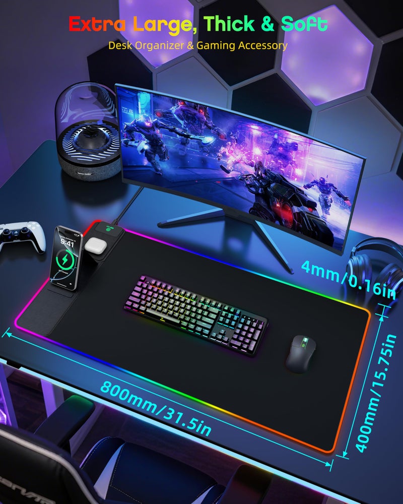 abc.mat 4-in-1 RGB Gaming Mouse Pad with Wireless Charging & Phone Stand, 31.5"x15.8" Large, 24 Light Effects, Non-Slip Base, Waterproof Ultra-Smooth Surface, with Adatper - Image 2