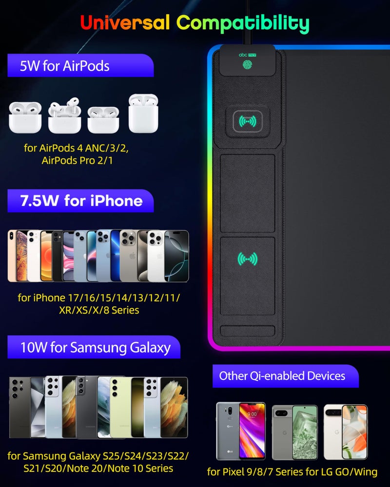 abc.mat 4-in-1 RGB Gaming Mouse Pad with Wireless Charging & Phone Stand, 31.5"x15.8" Large, 24 Light Effects, Non-Slip Base, Waterproof Ultra-Smooth Surface, with Adatper - Image 5