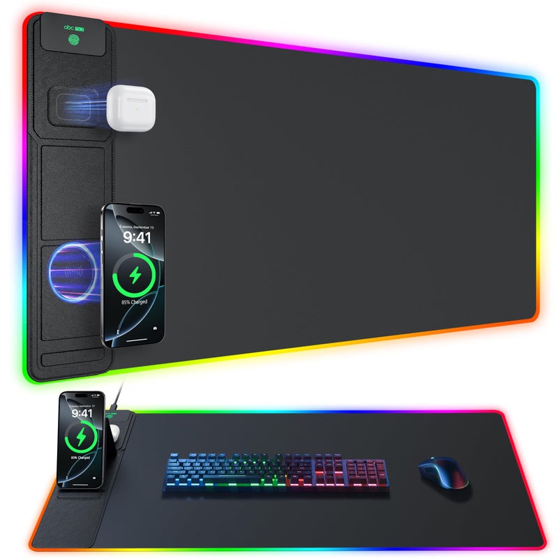 abc.mat 4-in-1 RGB Gaming Mouse Pad with Wireless Charging & Phone Stand, 31.5"x15.8" Large, 24 Light Effects, Non-Slip Base, Waterproof Ultra-Smooth Surface, with Adatper - Image 1