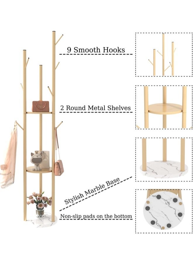 ShebSheb Luxury Coat Rack , Metal Coat Racks Tree Hanger Freestanding With 3 Storage Shelves And 9 High-Grade Hooks And Stable Marble Base,(Radius 13" × Height 66.93") - Image 4