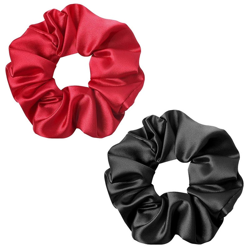 BELICIA 2 Silk Scrunchies Black Red for Women Girls Curly Thick Hair Tie Big Satin Bobble Ponytail Holders Mulberry Silky Sleep Elastic Bands - Image 1