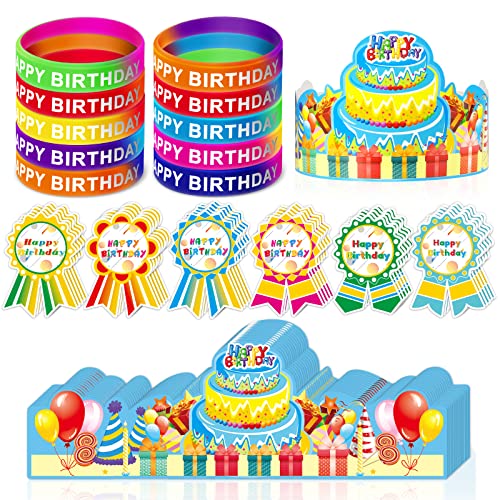 LACCHOUFEE 90 Pieces Happy Birthday Kits for Kids Classroom Include Adjustable Happy Birthday Hats Colored Silicone Stretch Badge Stickers School Teachers Students Kindergarten Party Supplies - Image 1