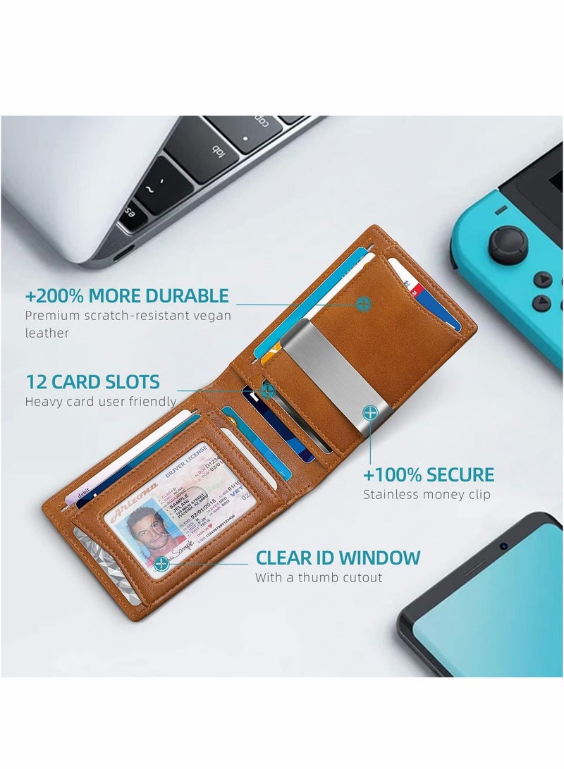 Excefore Wallet for Men Slim Larger Capacity with 12 Slots RFID Blocking Men's Wallet Minimalist Front Pocket Bifold Leather with ID Window Gift Box - Image 5