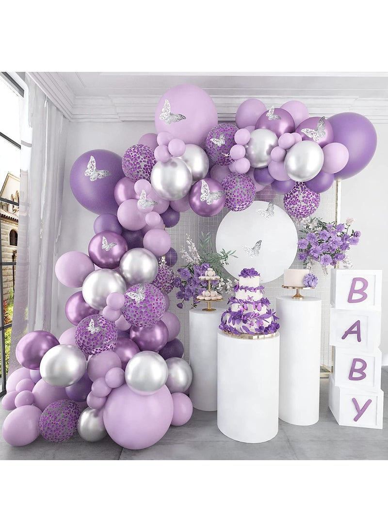 Lazybeee Lazybeee Balloon Decorations for Girl 102 Pcs Purple Balloon Garland Kit Metallic Purple Silver Balloon Arch Confetti for Birthday Wedding Decorations 