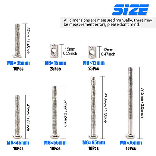 Glarks 100Pcs M6 x 3545556575mm Hex Drive Socket Cap Furniture Barrel Screws Bolt Nuts Assortment Kit for Furniture Cots Babybeds Crib Chairs Nickel Plated - Image 3