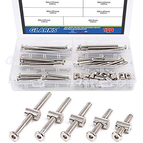 Glarks 100Pcs M6 x 3545556575mm Hex Drive Socket Cap Furniture Barrel Screws Bolt Nuts Assortment Kit for Furniture Cots Babybeds Crib Chairs Nickel Plated - Image 1
