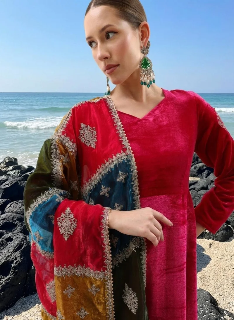 ISHIN Rich Pink Organza Patchwork Embroidered Anarkali Kurta Set