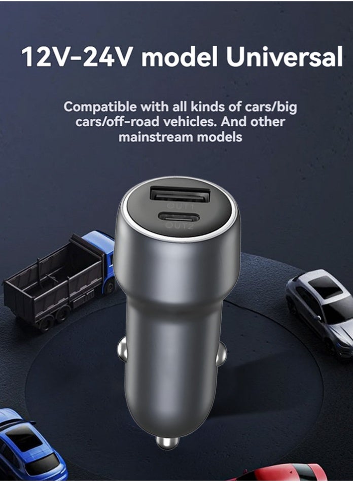 Dual USB Car Charger (USB-A + Type-C), 12V–24V Universal, Multi-Protect Safety, Smart IC, Compact Metal Body for Cars/SUVs/Trucks - Image 1