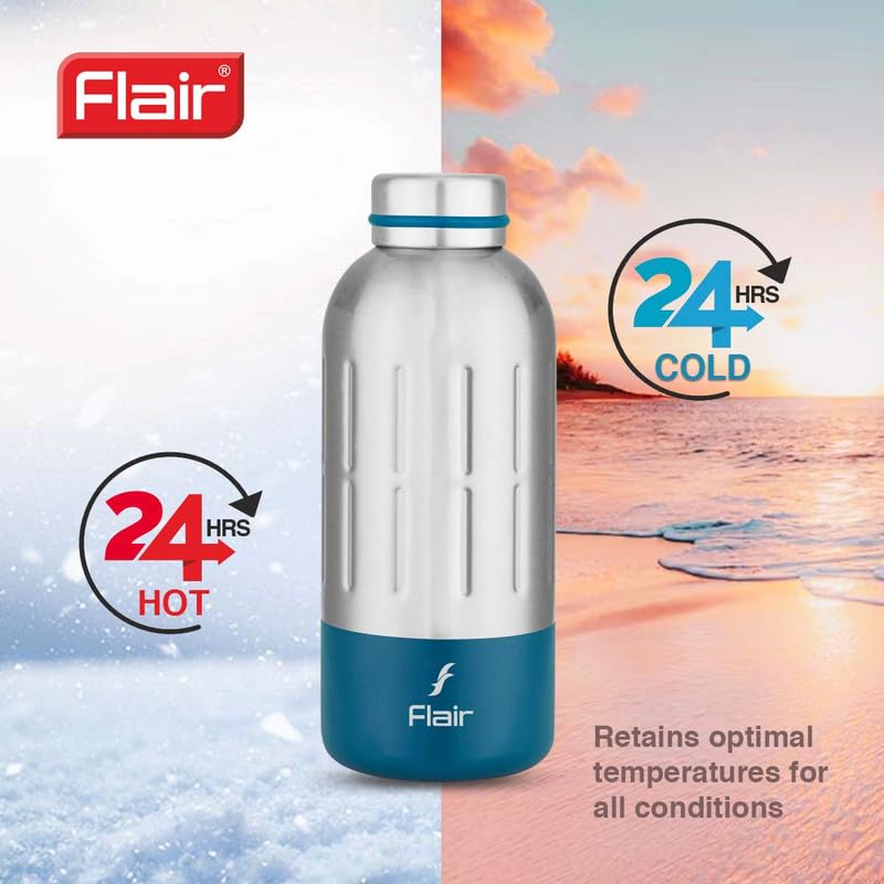 Flair زجاجة فليير CORE المعزولة من الفولاذ | تصل إلى 24 ساعة ساخنة وباردة | مانعة للتسرب، خالية من BPA، قوية ومتينة، مطلية بالنحاس - مزدوجة الجدران، زجاجة ماء مقاومة للصدأ (400 مل، زرقاء) - Image 2