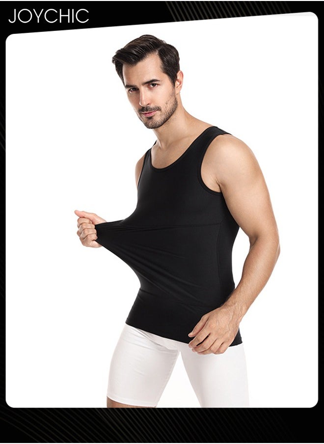 Joychic - Men's Spring and Summer Tight Fitting Belly Chest Slimming Vest Quick-drying High-elastic Tights  Body Shaper for Sports Fitness Basketball Running Training Black - Image 1
