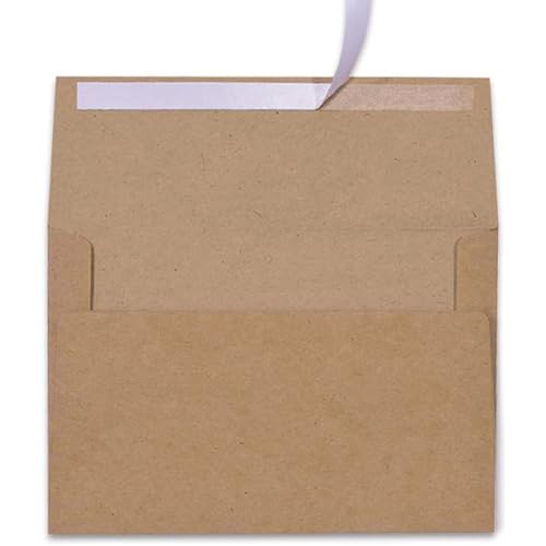 AZAZA 100 Pack A7 Brown Kraft Paper Invitation 5 x 7 Envelopes - Quick Self Seal For 5x7 Cards| Perfect for Weddings, Invitations, Baby Shower| Stationery For General, Office | 5.25 x 7.25 Inches - Image 1