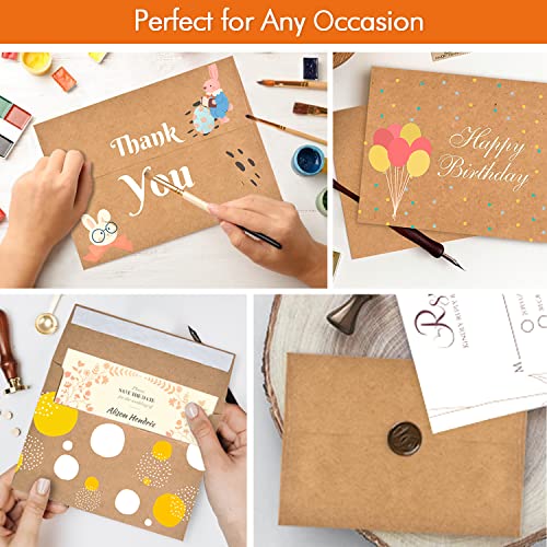 AZAZA 100 Pack A7 Brown Kraft Paper Invitation 5 x 7 Envelopes - Quick Self Seal For 5x7 Cards| Perfect for Weddings, Invitations, Baby Shower| Stationery For General, Office | 5.25 x 7.25 Inches - Image 5