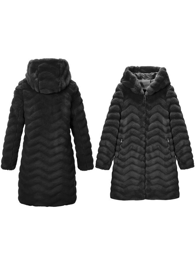 RISISSIDA Women Long Faux Fur Coat Fuzzy Jacket Hooded Winter Fall Warm Overcoat, Black-wave Texture, Small - Image 3