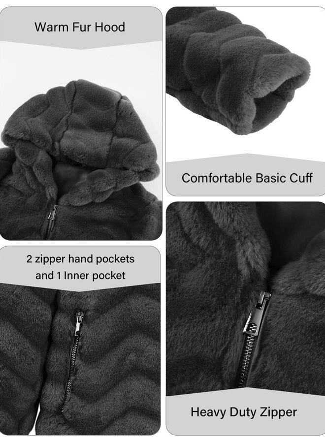 RISISSIDA Women Long Faux Fur Coat Fuzzy Jacket Hooded Winter Fall Warm Overcoat, Black-wave Texture, Small - Image 5