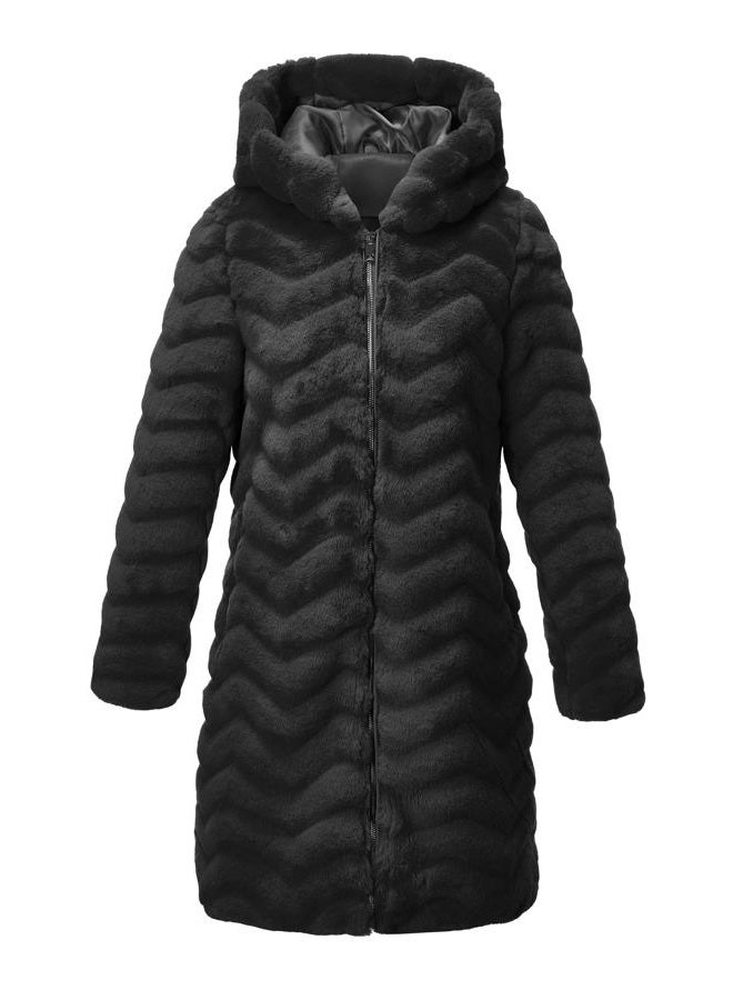 RISISSIDA Women Long Faux Fur Coat Fuzzy Jacket Hooded Winter Fall Warm Overcoat, Black-wave Texture, Small - Image 1
