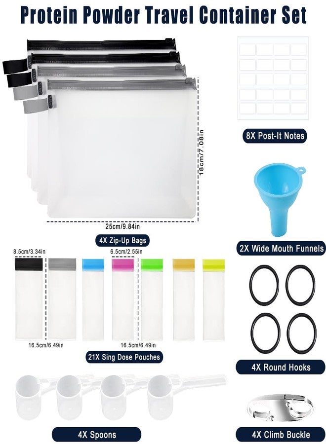 Abnaok 47PCS Protein Powder Travel Container Set,Reusable Powder Supplement Container with 21PCS Single Dose Powder Bags，Zip Up Bags，Funnels, Spoons and Sheet Labels, Spring Buckle，Zipper Rings - Image 2