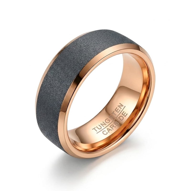 Men's tungsten carbide ring in luxurious gray with a shiny sand texture and rose gold glitter edges, suitable for engagements and happy occasions, for a modern and distinctive elegance! - Image 1